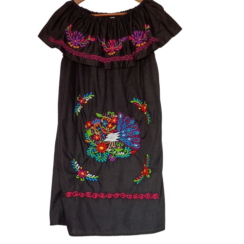 JR Palacios Mexican Embroidered Peacock Dress Off Shoulder Boho Black M